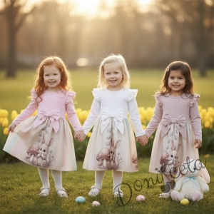 Бебешка или детска рокля в пепел от рози с къдрички, панделка и зайче