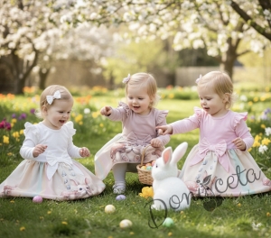 Детска ежедневна или официална рокля с дълъг ръкав в екрю с къдрички, панделка и зайче