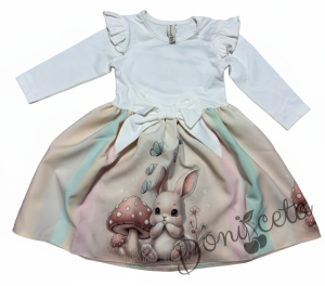 Детска ежедневна или официална рокля с дълъг ръкав в екрю с къдрички, панделка и зайче