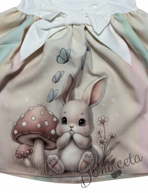 Детска ежедневна или официална рокля с дълъг ръкав в екрю с къдрички, панделка и зайче