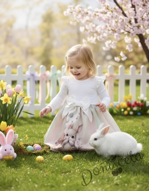 Детска ежедневна или официална рокля с дълъг ръкав в екрю с къдрички, панделка и зайче