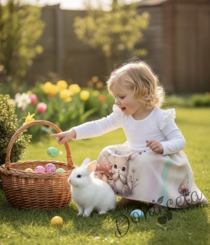 Детска ежедневна или официална рокля с дълъг ръкав в екрю с къдрички, панделка и зайче