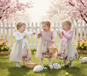 Детска ежедневна или официална рокля с дълъг ръкав в екрю с къдрички, панделка и зайче