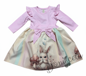 Бебешка или детска рокля в розово с къдрички, панделка и зайче