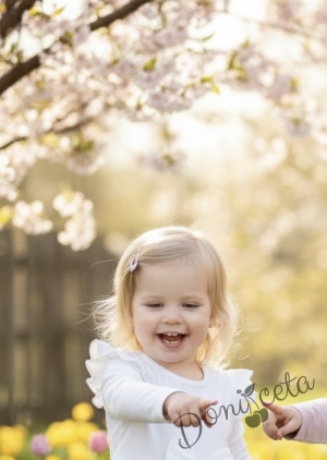 Бебешка или детска рокля в розово с къдрички, панделка и зайче