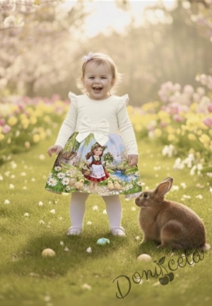 Детска рокля в екрюс дълъг ръкав, къдричка и панделка и с интересна картинка в долната част 