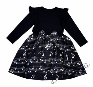 Детска рокля с дълъг ръкав в черно с къдрички на ръкавите и ноти в долната част