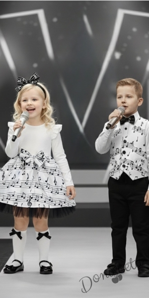 Детска рокля с дълъг ръкав в бяло с ноти и тюл в долната част