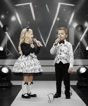 Детска рокля с дълъг ръкав в черно и бяло с ноти и тюл в черно в долната част