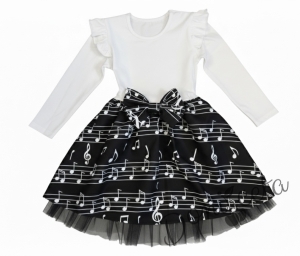 Детска рокля с дълъг ръкав с горна част в бяло и с черна долна част с ноти и тюл в черно в долната част