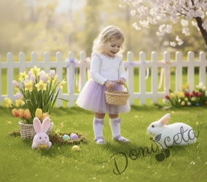 Детска ежедневна рокля с дълъг ръкав в бяло и лилаво с къдрички с кант в лилаво на рамената Оливия от колекция Лилавина