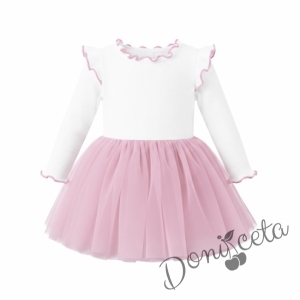 Детска ежедневна рокля с дълъг ръкав в бяло и розово с къдрички с кант в розово на рамената Оливия