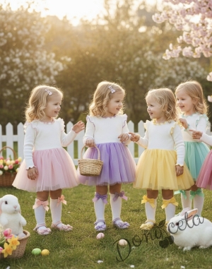 Детска ежедневна рокля с дълъг ръкав в бяло и розово с къдрички с кант в розово на рамената Оливия