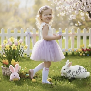 Детска ежедневна рокля без ръкав в бяло и лилаво с къдрички с кант в лилаво на рамената Оливия от колекция Лилавина