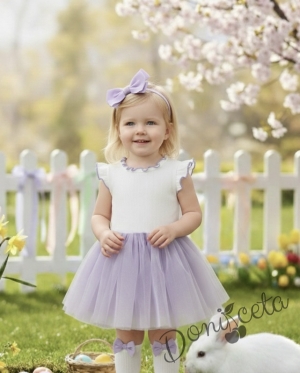 Детска ежедневна рокля без ръкав в бяло и лилаво с къдрички с кант в лилаво на рамената Оливия от колекция Лилавина