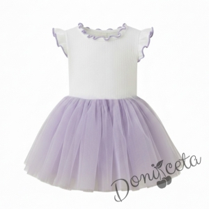 Детска ежедневна рокля без ръкав в бяло и лилаво с къдрички с кант в лилаво на рамената Оливия от колекция Лилавина