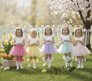 Детска ежедневна рокля без ръкав в бяло и лилаво с къдрички с кант в лилаво на рамената Оливия от колекция Лилавина