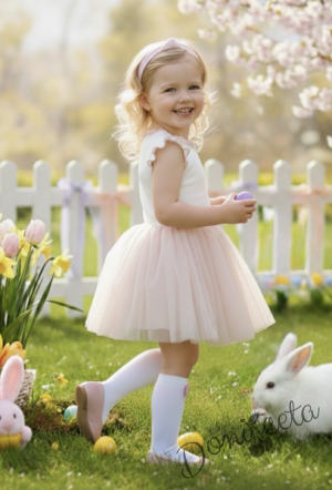 Детска ежедневна рокля без ръкав в бяло и прасковено с къдрички с кант в лилаво на рамената Оливия 