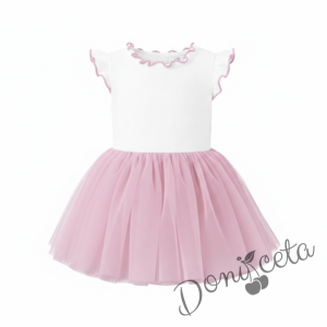 Детска ежедневна рокля без ръкав в бяло и розово с къдрички с кант в розово на рамената Оливия 