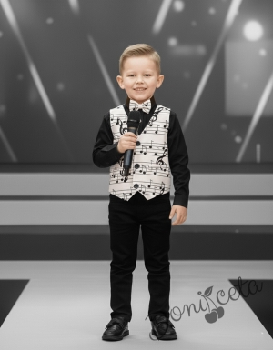 Елек за момче в бяло и черно с ноти с папийонка в бяло на ноти