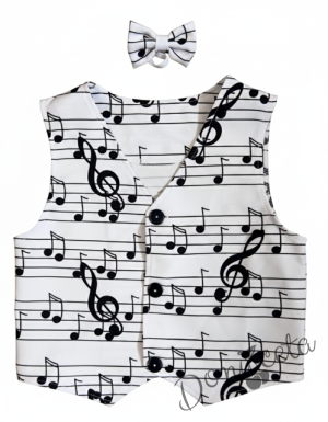 Елек за момче в бяло и черно с ноти с папийонка в бяло на ноти