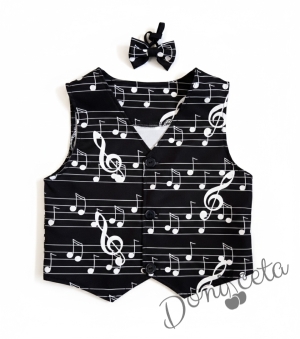 Елек за момче в черно и бяло с ноти и с папийонка в черно