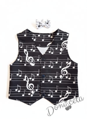 Елек за момче в черно и бяло с ноти и с папийонка в бяло с ноти