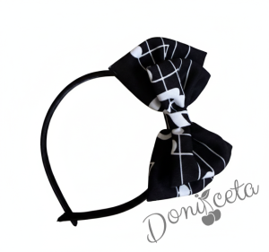  Диадема за коса с панделка с ноти в черно с бели нотички