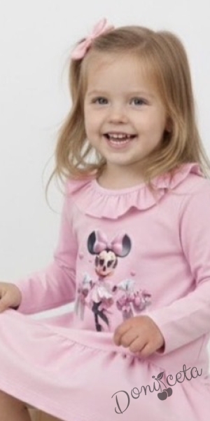 Детска рокля с дълъг ръкав с къдрички на бието в розово с любим герой