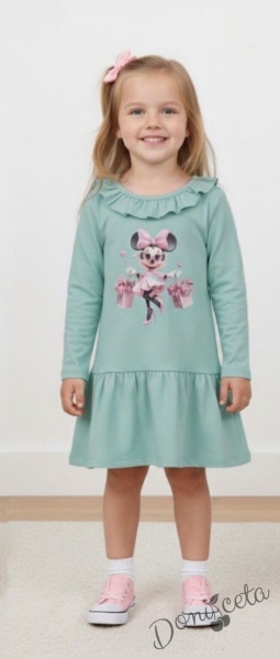 Детска рокля с дълъг ръкав с къдрички на бието в тюркоаз с любим герой