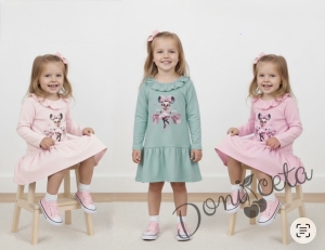 Детска рокля с дълъг ръкав с къдрички на бието в тюркоаз с любим герой