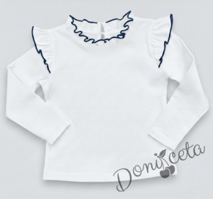 Комплект от 2 части-детска туту пола пачка в тъмносиньо и блузка с дълъг ръкав в бяло с къдрички на рамената и бието с тъмносин кант