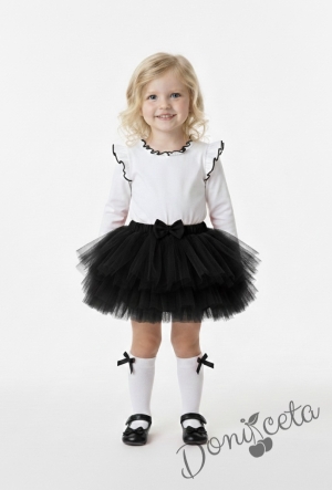 Комплект от 2 части-детска туту пола пачка в черно и блузка с дълъг ръкав в бяло с къдрички на рамената и бието с черен кант