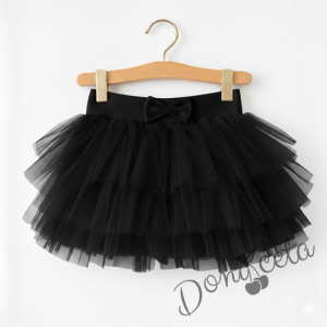 Комплект от 2 части-детска туту пола пачка в черно и блузка с дълъг ръкав в бяло с къдрички на рамената и бието с черен кант