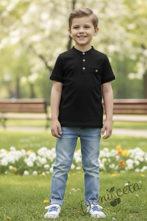 Детска блуза за момче в черно с къс ръкав и бежови копчета Ерик