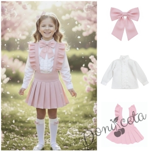 Комплект за момиче от 3 части- сукман Гери в розово с плисирана пола, риза в бяло с дълъг ръкав и къдрички и панделка в  розово