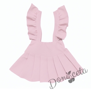 Комплект за момиче от 3 части- сукман Гери в розово с плисирана пола, риза в бяло с дълъг ръкав и къдрички и панделка в  розово