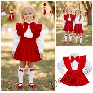 Комплект за момиче от 3 части- сукман Гери в червено с плисирана пола, риза в бяло с дълъг ръкав и къдрички и панделка в червено