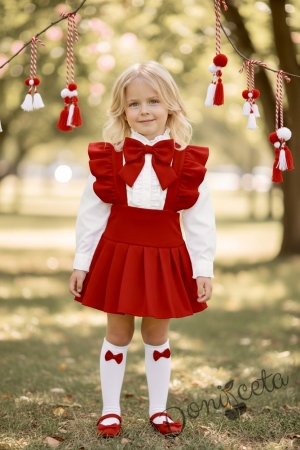 Комплект за момиче от 3 части- сукман Гери в червено с плисирана пола, риза в бяло с дълъг ръкав и къдрички и панделка в червено