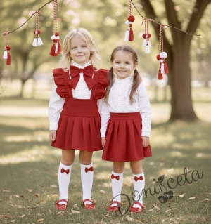 Комплект за момиче от 3 части- сукман Гери в червено с плисирана пола, риза в бяло с дълъг ръкав и къдрички и панделка в червено