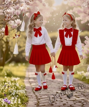 Комплект за момиче от 4 части- сукман Гери от трико в червено, риза в бяло с дълъг ръкав и къдрички, панделка в червено за ризаката и диадема