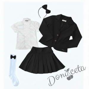 Комплект от 5 части пола Гери, сако в черно, ризка в бяло с къс ръкав, чорапи с панделки и диадема 