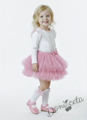 Комплект от 2 части-детска туту пола пачка в розово и блузка с дълъг ръкав в бяло с къдрички на рамената и бието с розов кант