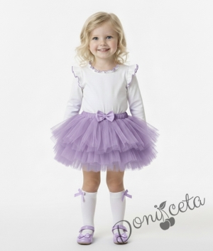 Комплект от 2 части-детска туту пола пачка в лилаво и блузка с дълъг ръкав в бяло с къдрички на рамената и бието с лилав кант