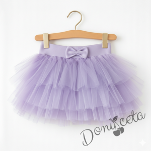 Комплект от 2 части-детска туту пола пачка в лилаво и блузка с дълъг ръкав в бяло с къдрички на рамената и бието с лилав кант