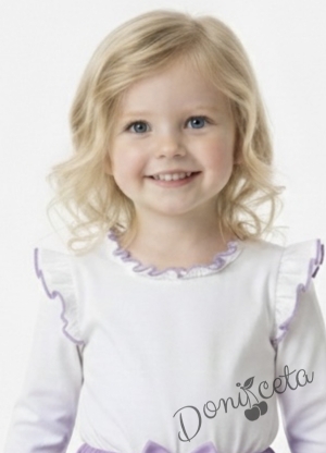 Комплект от 2 части-детска туту пола пачка в лилаво и блузка с дълъг ръкав в бяло с къдрички на рамената и бието с лилав кант