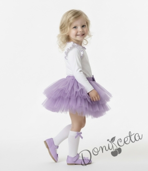 Комплект от 2 части-детска туту пола пачка в лилаво и блузка с дълъг ръкав в бяло с къдрички на рамената и бието с лилав кант