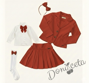 Комплект от 6 части пола Гери, сако в червено, ризка в бяло с дълъг ръкав, чорапи с панделка в червено, диадема iи панделка за ризка