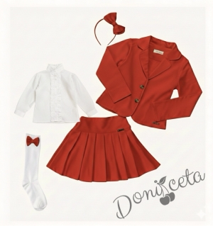 Комплект от 6 части пола Гери, сако в червено, ризка в бяло с дълъг ръкав, чорапи с панделка в червено, диадема iи панделка за ризка