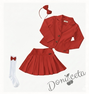 Комплект от 6 части пола Гери, сако в червено, ризка в бяло с дълъг ръкав, чорапи с панделка в червено, диадема iи панделка за ризка